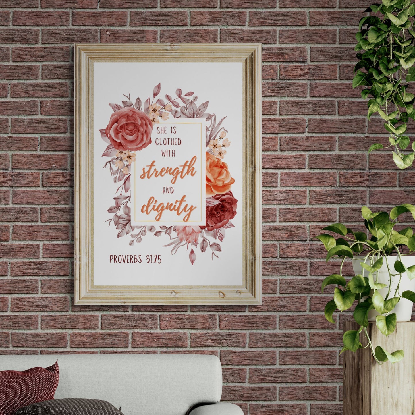 Proverbs 31:25 Print Christian Wall Art She is Clothed with Strength and Dignity Poster Feminine Print Girls Bedroom Wall Art Dorm Decor Classic Semi-Glossy Paper Poster