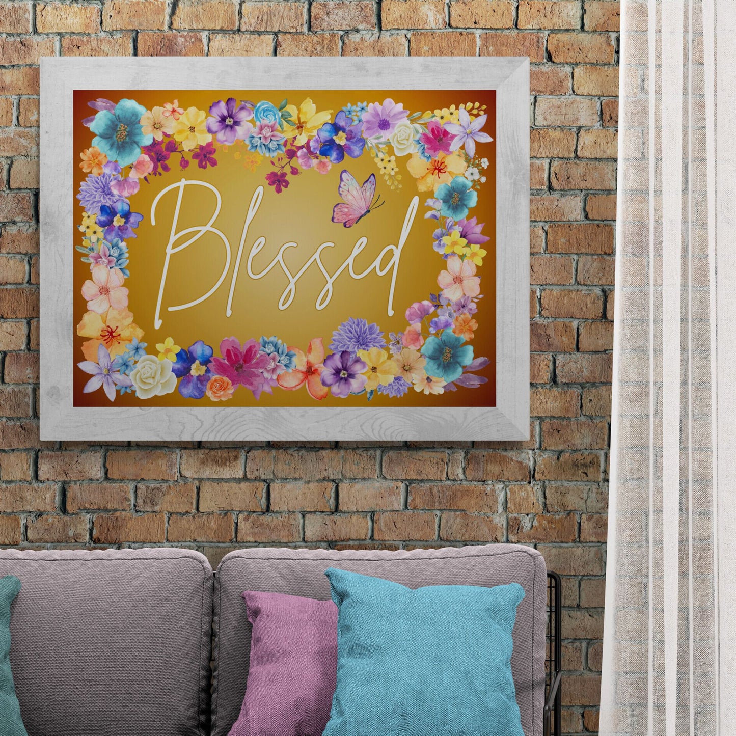 Blessed Sign Gratitude Poster Religious Print God's Blessings Mosaic of Flowers Print Christian Inspired Poster Grateful Thankful Blessed Sign Vibrant Colored Sign Classic Semi-Glossy Paper Poster