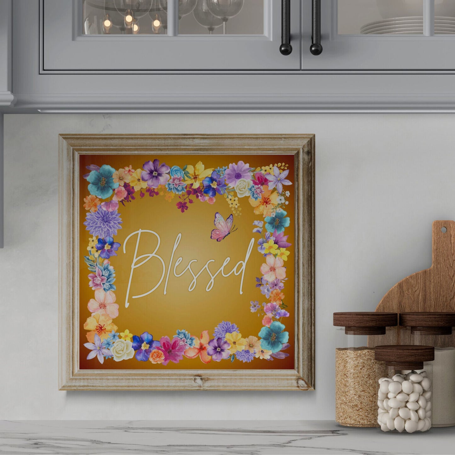 Blessed Sign Gratitude Poster Religious Print God's Blessings Mosaic of Flowers Print Christian Inspired Poster Grateful Thankful Blessed Sign Vibrant Colored Sign Classic Semi-Glossy Paper Poster