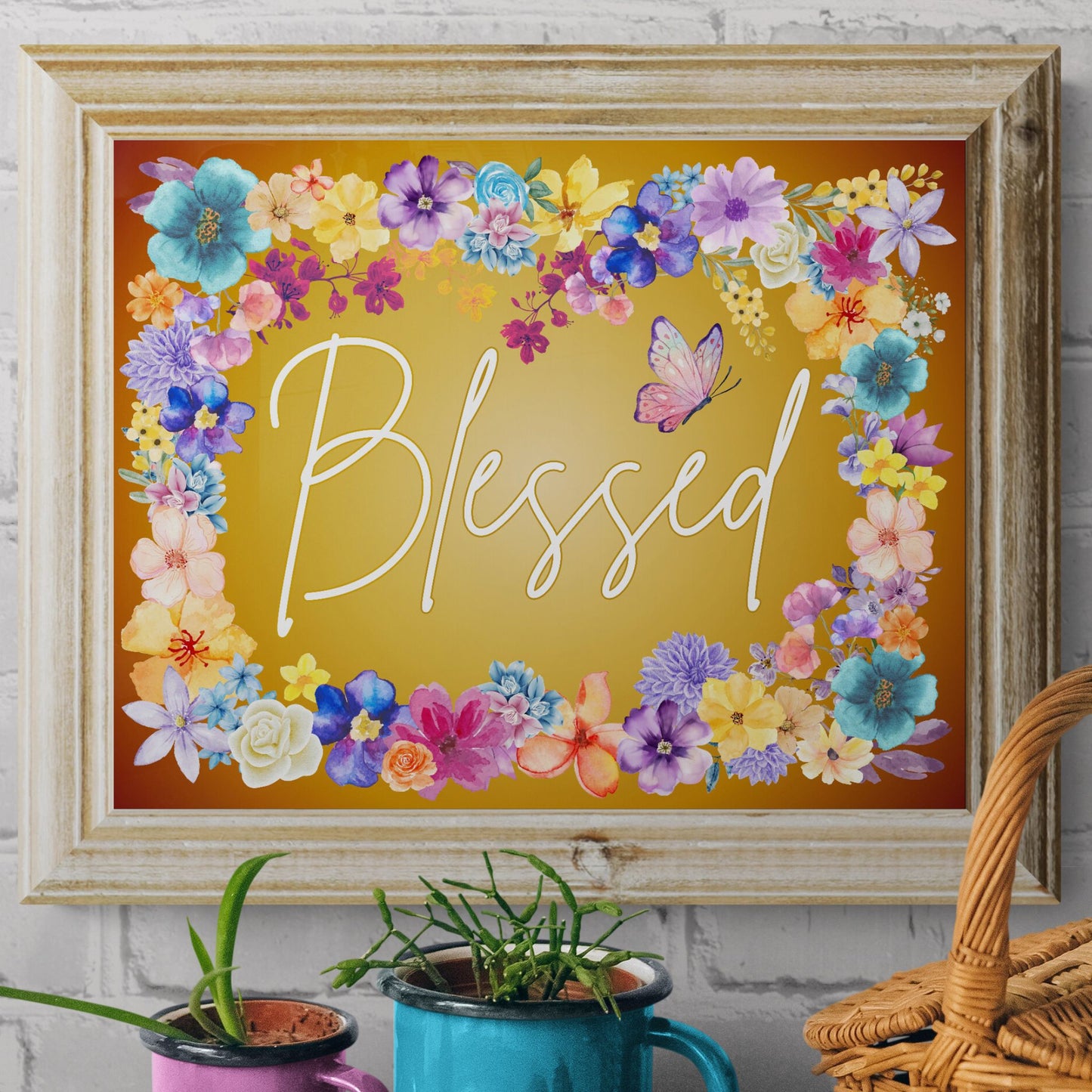 Blessed Sign Gratitude Poster Religious Print God's Blessings Mosaic of Flowers Print Christian Inspired Poster Grateful Thankful Blessed Sign Vibrant Colored Sign Classic Semi-Glossy Paper Poster