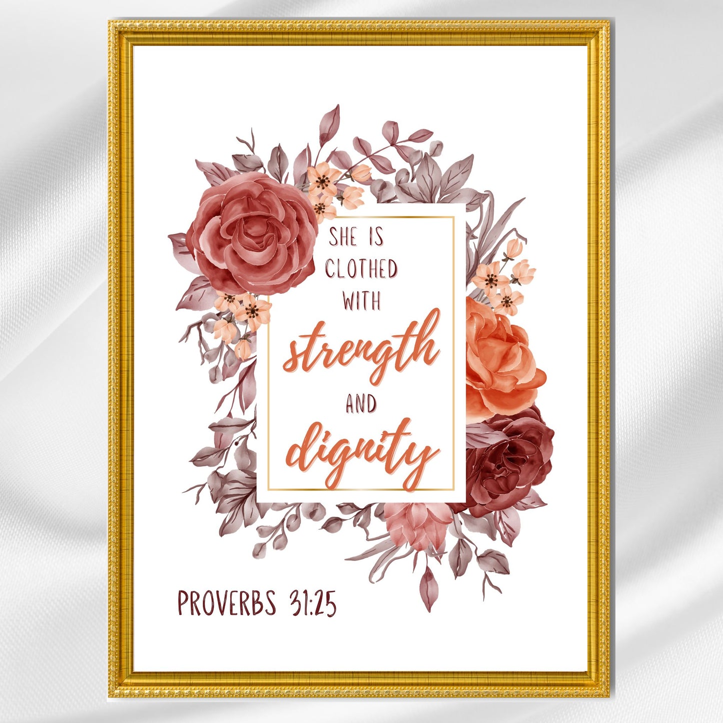 Proverbs 31:25 Print Christian Wall Art She is Clothed with Strength and Dignity Poster Feminine Print Girls Bedroom Wall Art Dorm Decor Classic Semi-Glossy Paper Poster