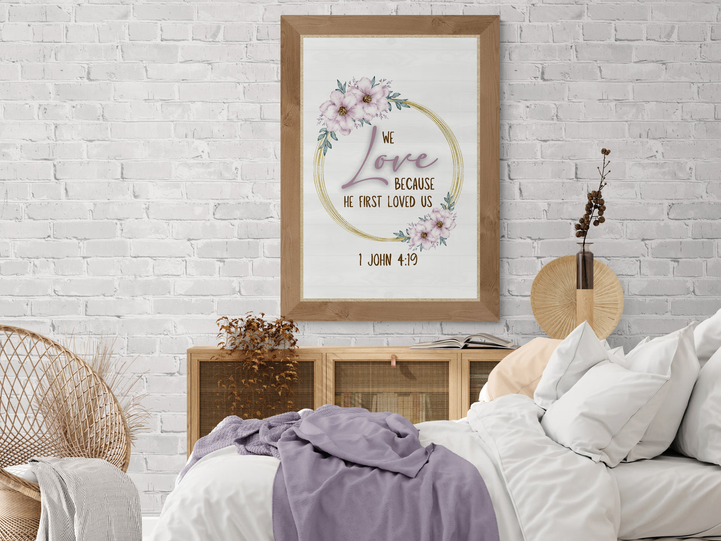 1 John 4:19 We love because He fist loved us Bible Verse Wall Art Christian Wall Art Marriage Quote Magnolia God Sign Watercolor Floral Classic Semi-Glossy Paper Poster