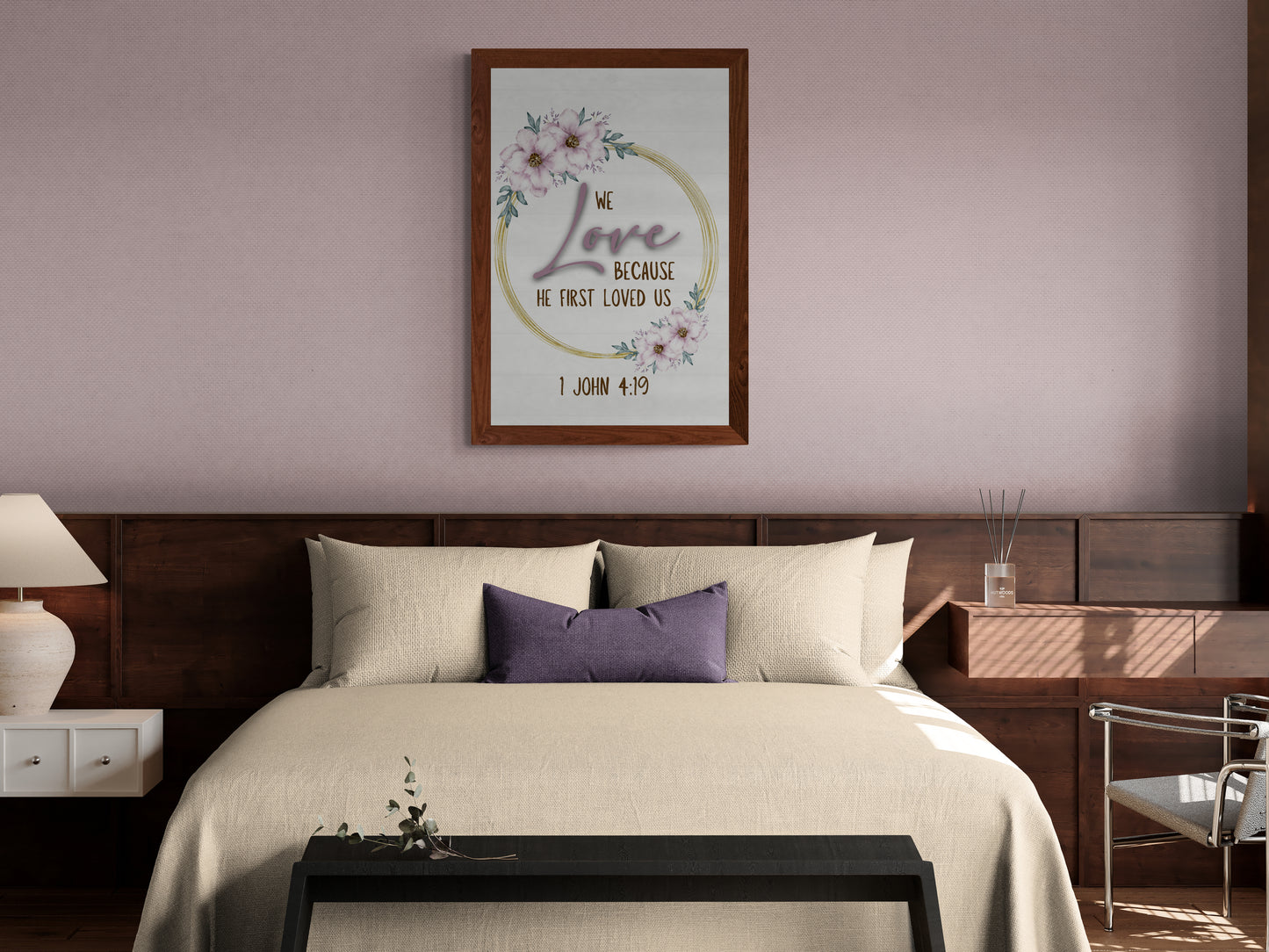 1 John 4:19 We love because He fist loved us Bible Verse Wall Art Christian Wall Art Marriage Quote Magnolia God Sign Watercolor Floral Classic Semi-Glossy Paper Poster