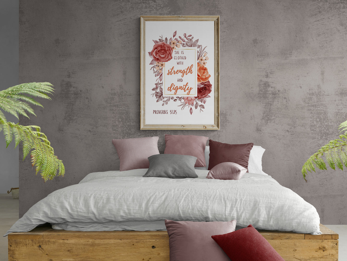 Proverbs 31:25 Print Christian Wall Art She is Clothed with Strength and Dignity Poster Feminine Print Girls Bedroom Wall Art Dorm Decor Classic Semi-Glossy Paper Poster