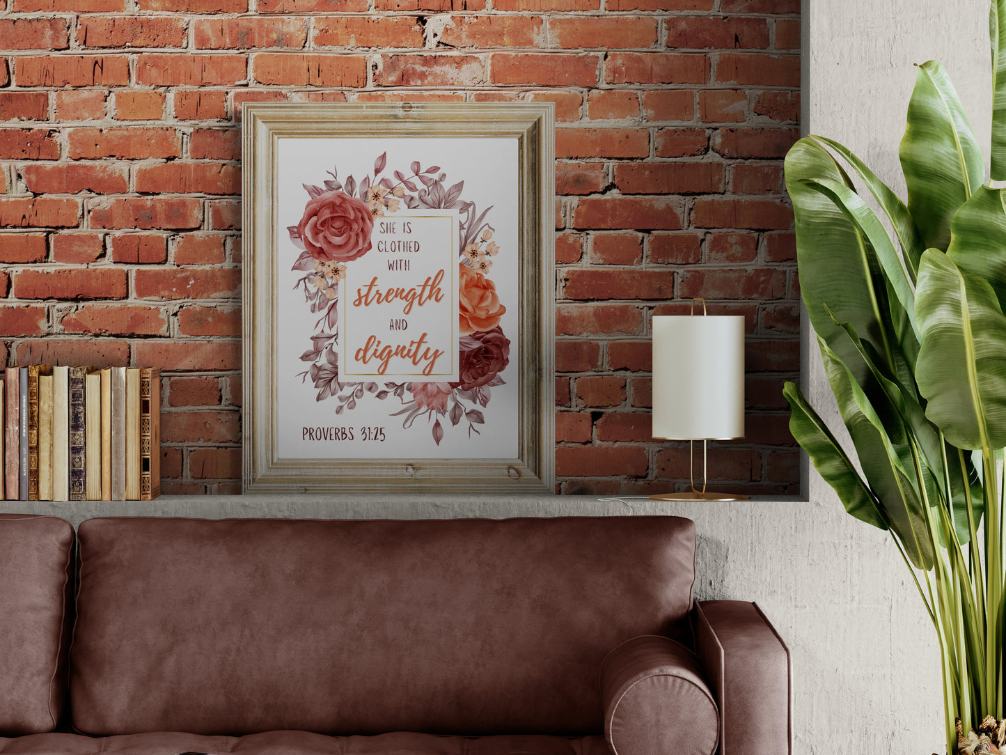 Proverbs 31:25 Print Christian Wall Art She is Clothed with Strength and Dignity Poster Feminine Print Girls Bedroom Wall Art Dorm Decor Classic Semi-Glossy Paper Poster