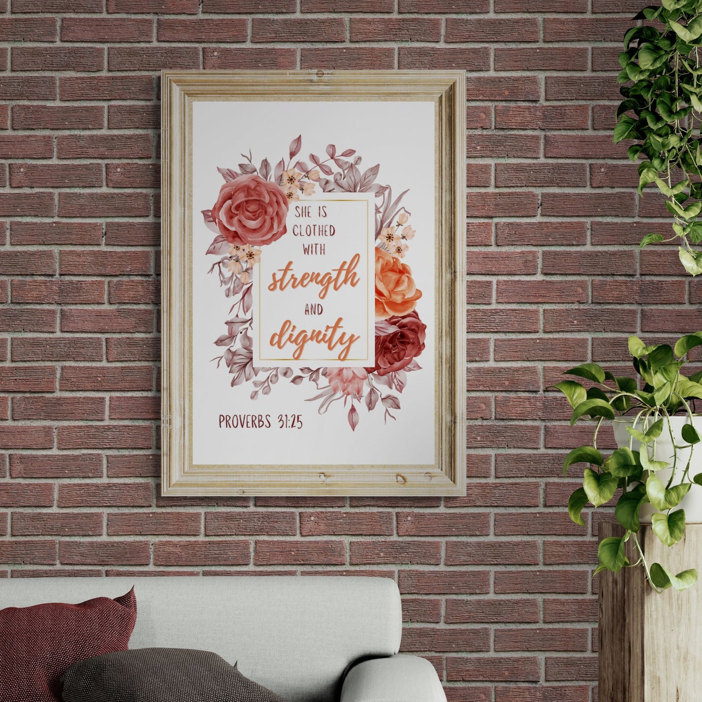 Proverbs 31:25 Print Christian Wall Art She is Clothed with Strength and Dignity Poster Feminine Print Girls Bedroom Wall Art Dorm Decor