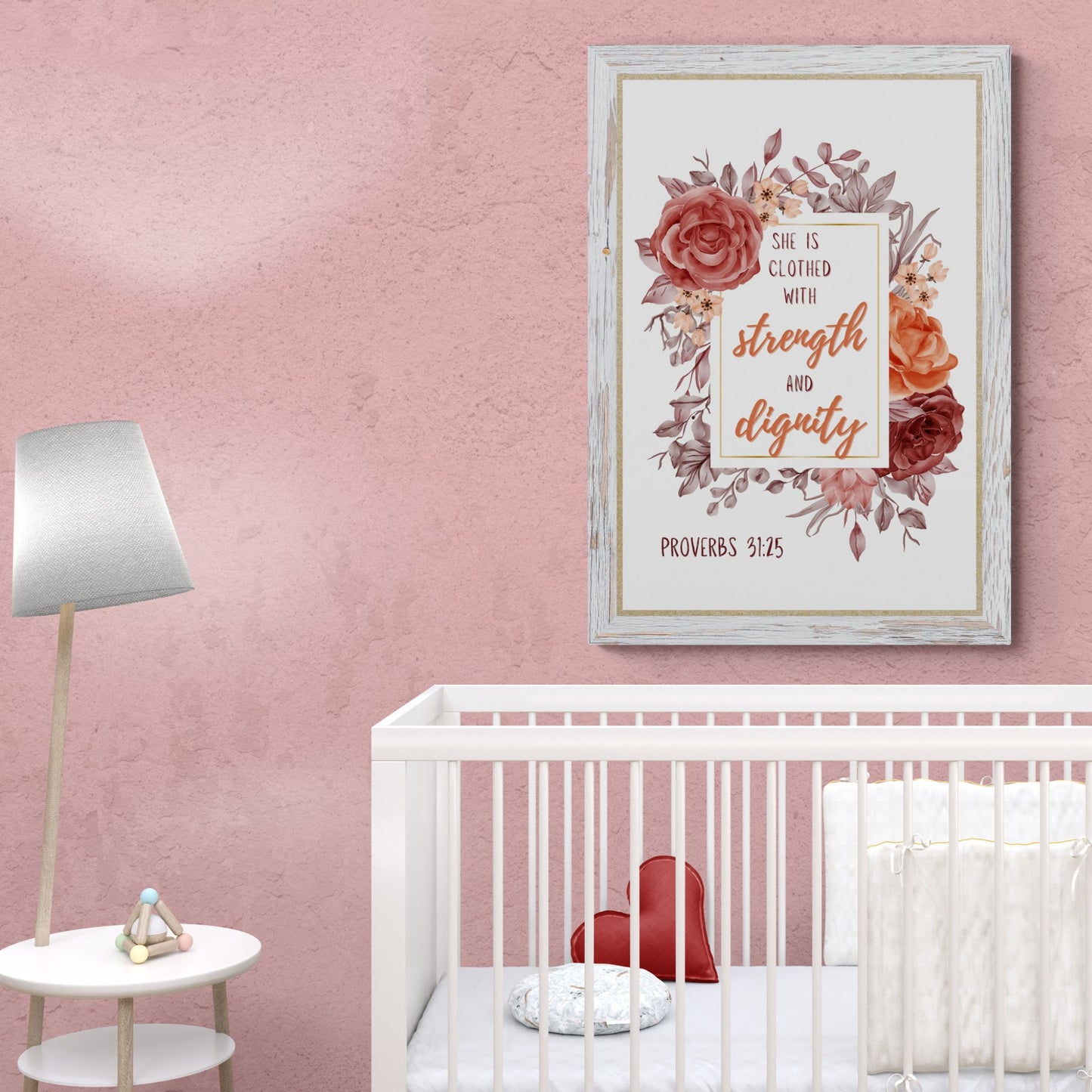 Proverbs 31:25 Print Christian Wall Art She is Clothed with Strength and Dignity Poster Feminine Print Girls Bedroom Wall Art Dorm Decor