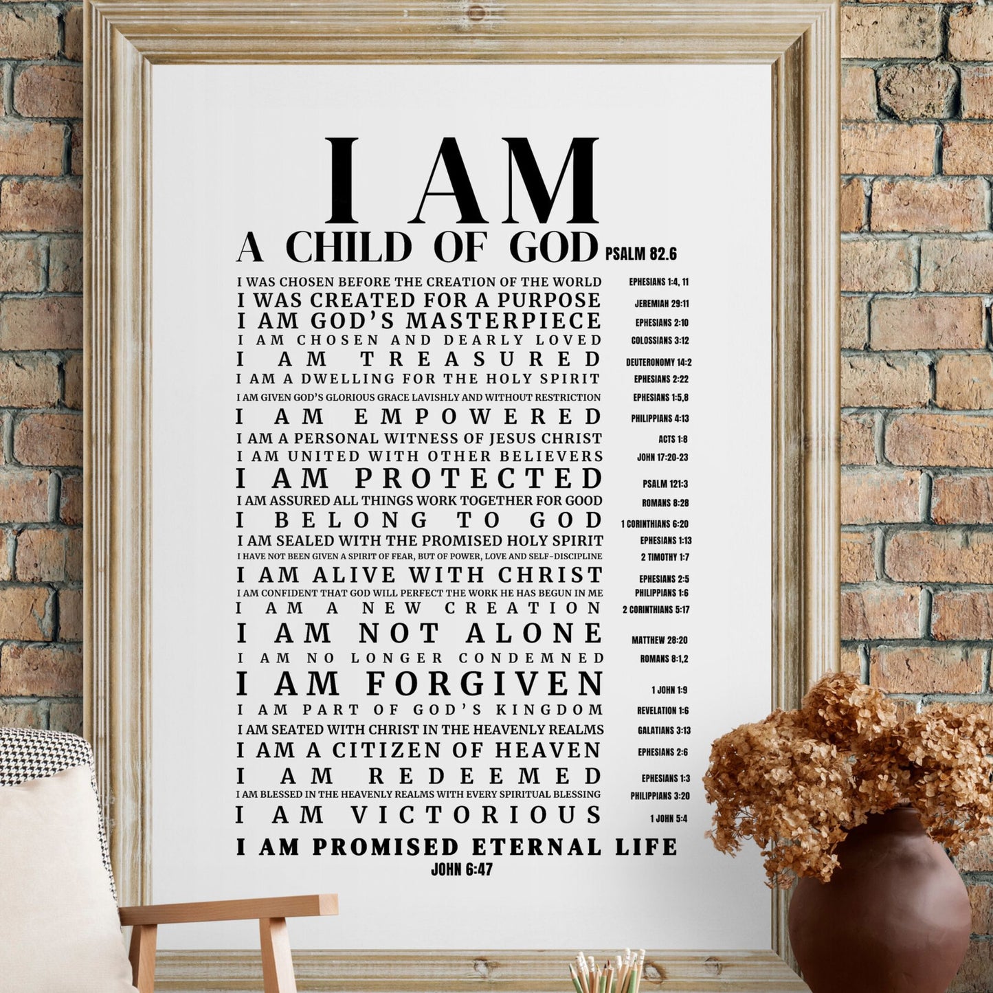 Psalm 82:6 I am a Child of God poster I am God's Masterpiece Print God's Child Christian Wall Art Created For a Purpose Bible Verse Print