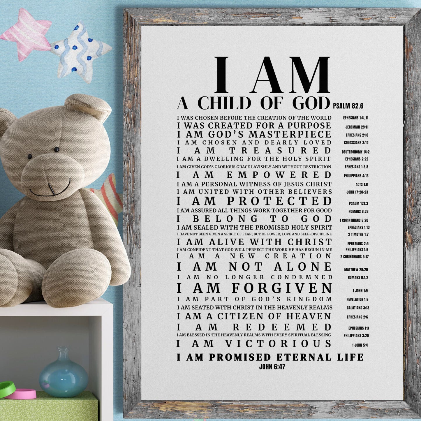 Psalm 82:6 I am a Child of God poster I am God's Masterpiece Print God's Child Christian Wall Art Created For a Purpose Bible Verse Print