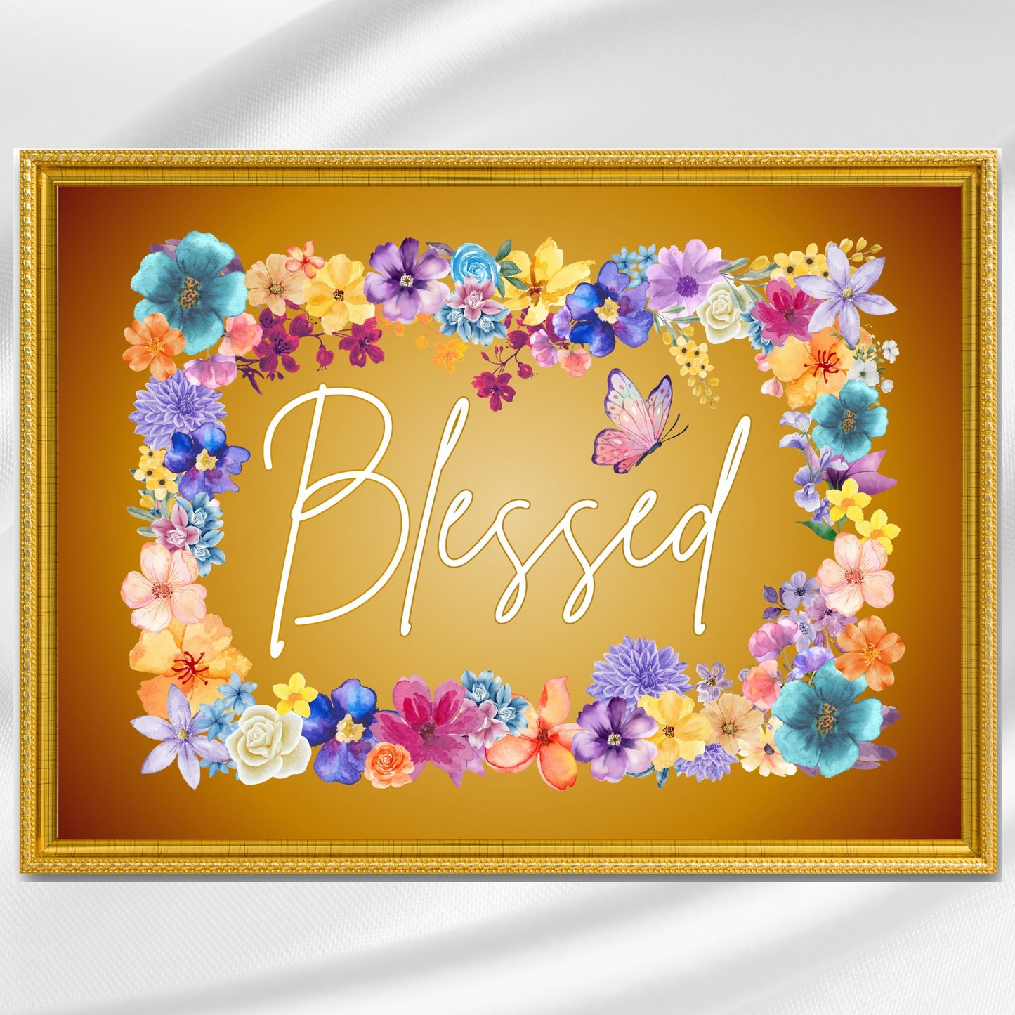 Blessed Sign Gratitude Poster Religious Print God's Blessings Mosaic of Flowers Print Christian Inspired Poster Grateful Thankful Blessed Sign Vibrant Colored Sign Classic Semi-Glossy Paper Poster